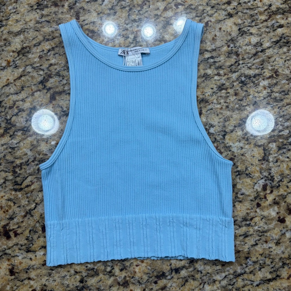 NEW Zara Ribbed Knit Crop Top Light Blue Sleeveless Tank XS S ws